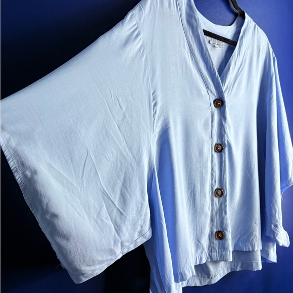 White Birch Blue Oversized Button Down Shirt with 3/4 Sleeves - Picture 6 of 6